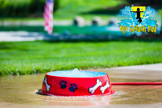 Dog Bowl Water Play Feature by My Portable Splash Pad – red bowl-shaped splash feature with bone and paw print designs, spraying water upward from the center.