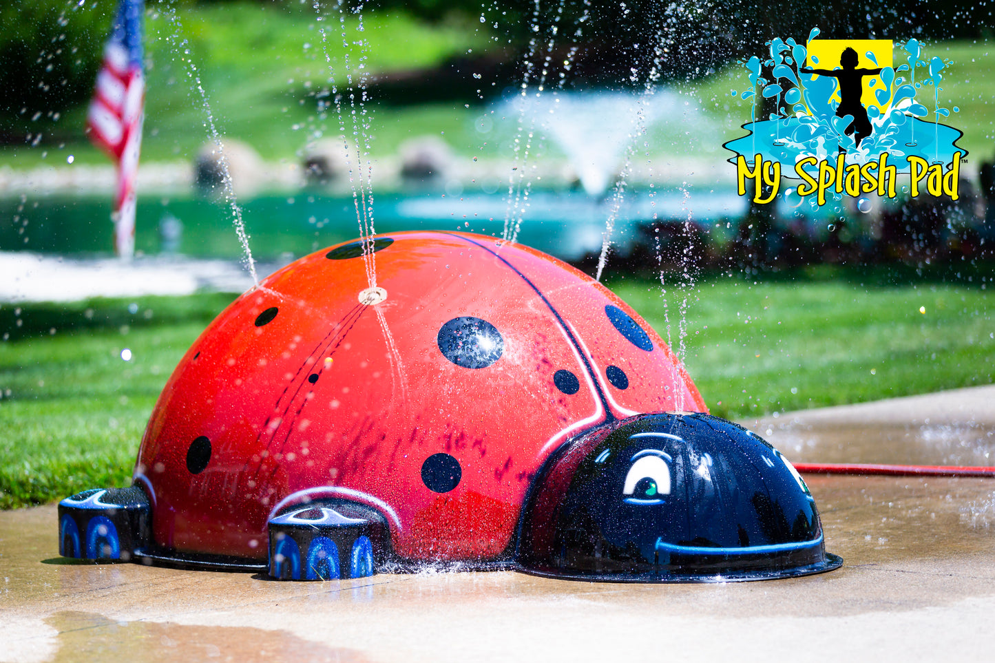 Large Ladybug Mobile Spray and Play Feature – red and black ladybug splash pad structure spraying multiple streams of water during outdoor play.