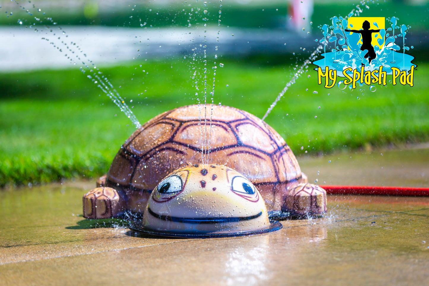 mall Turtle Splash Pad water play feature with brown shell spraying water streams for kids’ backyard fun.