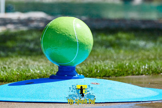 Tennis Ball Portable Water Play Feature by My Splash Pad – green tennis ball sprayer on blue base.