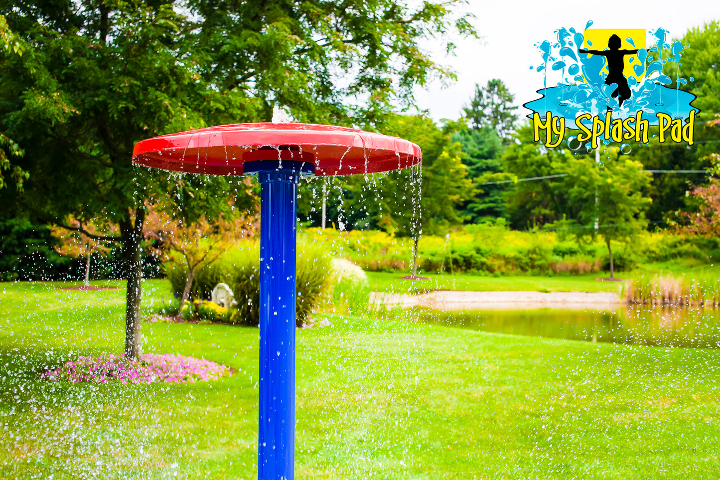 SEO Alt Text: Umbrella Portable Splash Pad water play feature with blue pole and red umbrella top, product image on white background.