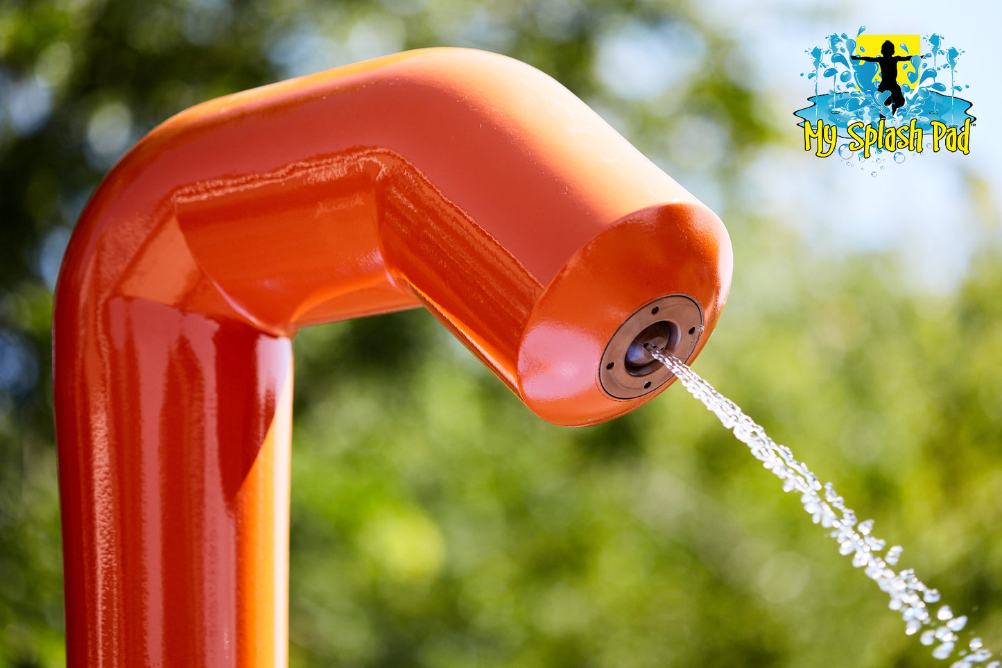 Rain Blaster Portable Splash Pad water play feature nozzle spraying a steady stream from orange curved post by My Splash Pad.