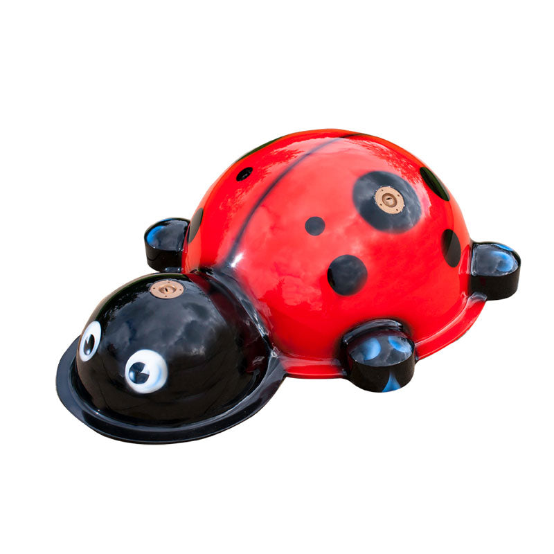 Small Ladybug Splash Pad water play feature with red and black spotted shell spraying water for kids’ outdoor fun.