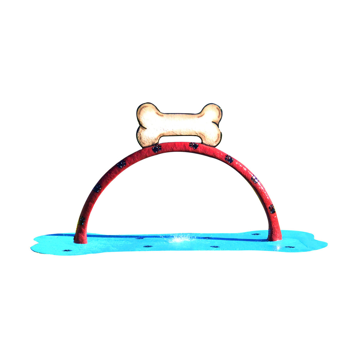 Doggy Wash Water Play Feature by My Portable Splash Pad – red arch with dog paw prints and bone design spraying water over blue splash pad on white background.