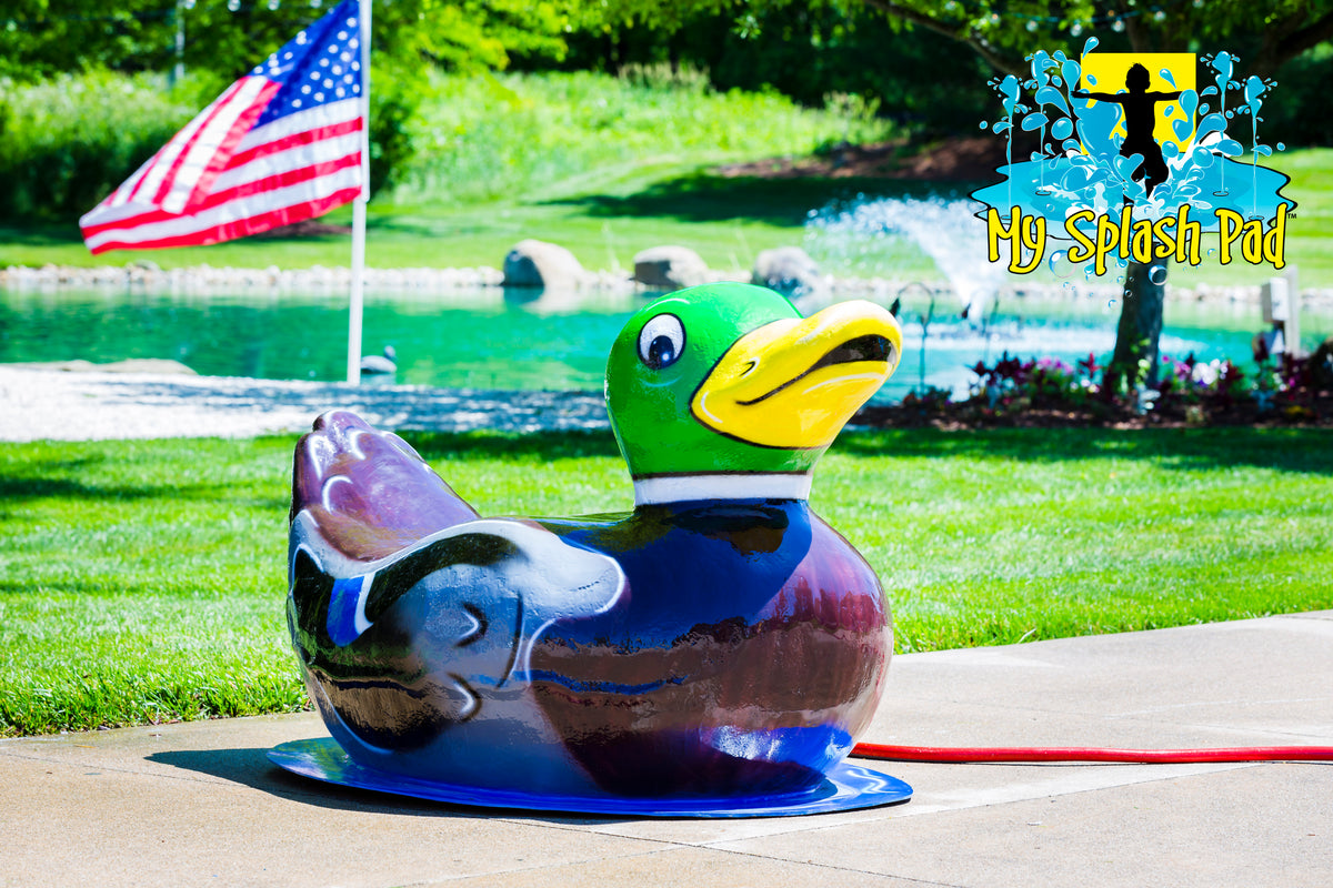 Duck Mobile Spray and Play Features – mallard duck splash pad water play toy with vibrant green head and brown body.