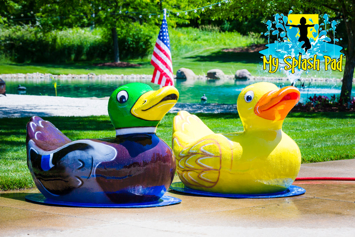 Duck Mobile Spray and Play Features – colorful mallard and yellow duck splash pad water play toys with spray jets.