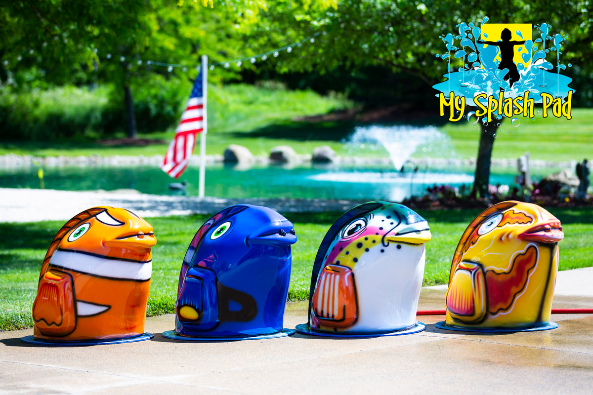 Fish Mobile Spray and Play Features – four colorful splash pad fish designs including orange clownfish, blue fish, rainbow trout, and yellow tropical fish.