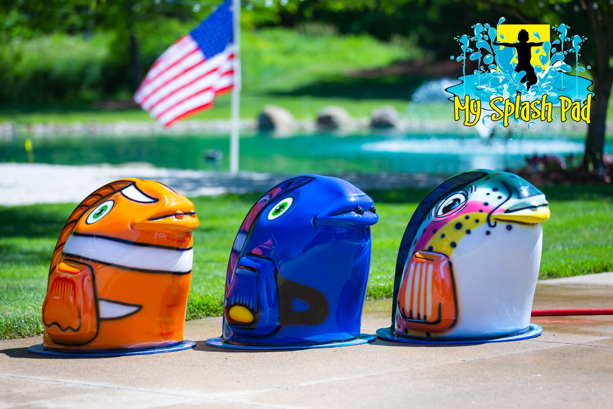Fish Mobile Spray and Play Features – three colorful splash pad fish designs including orange clownfish, blue fish, and rainbow trout.