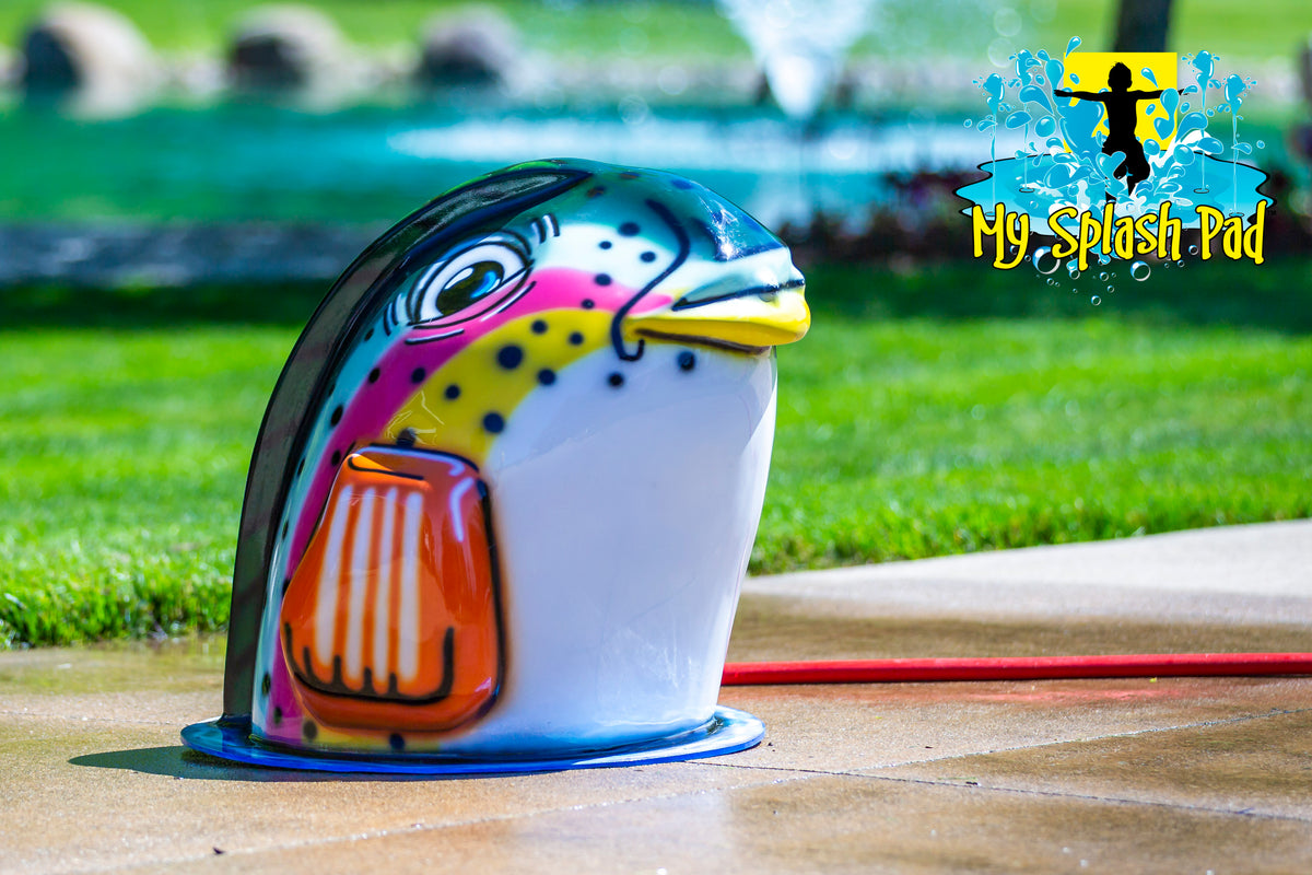 Fish Mobile Spray and Play Features – portable rainbow trout splash pad water play structure.
