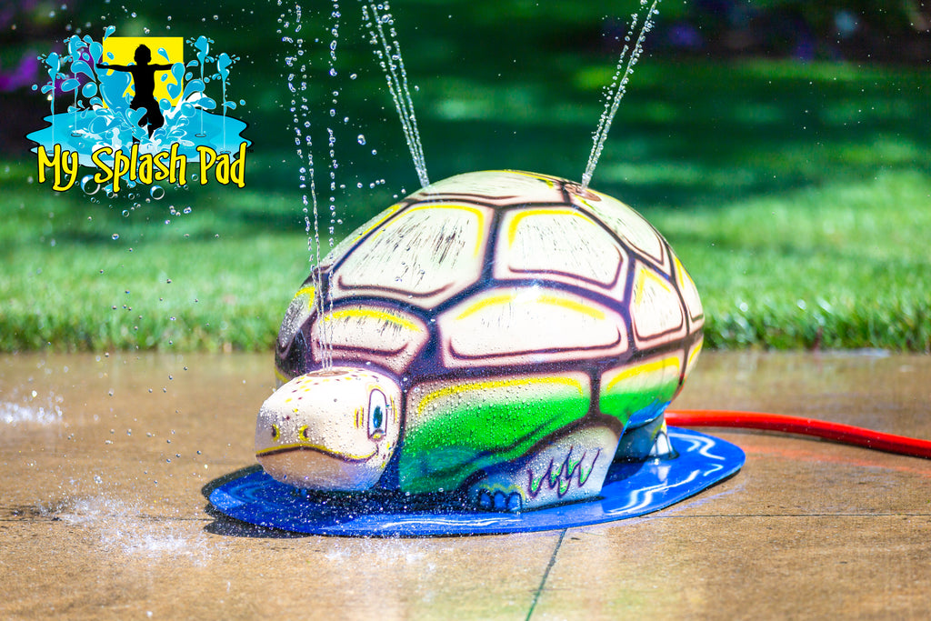 Medium Turtle Spray and Play Feature by My Splash Pad – interactive turtle-shaped splash pad water play structure spraying streams of water for kids.