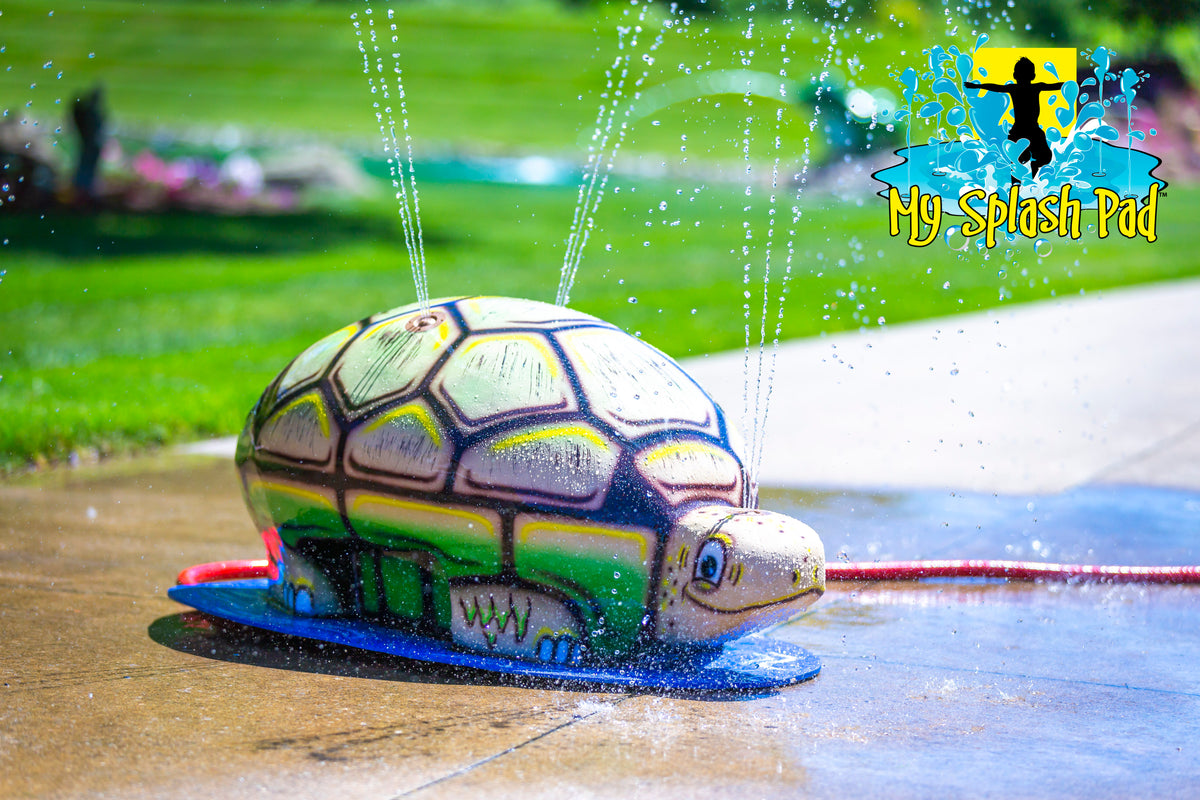 Medium Turtle Spray and Play Feature by My Splash Pad – interactive turtle-shaped splash pad water play structure spraying streams of water for kids.