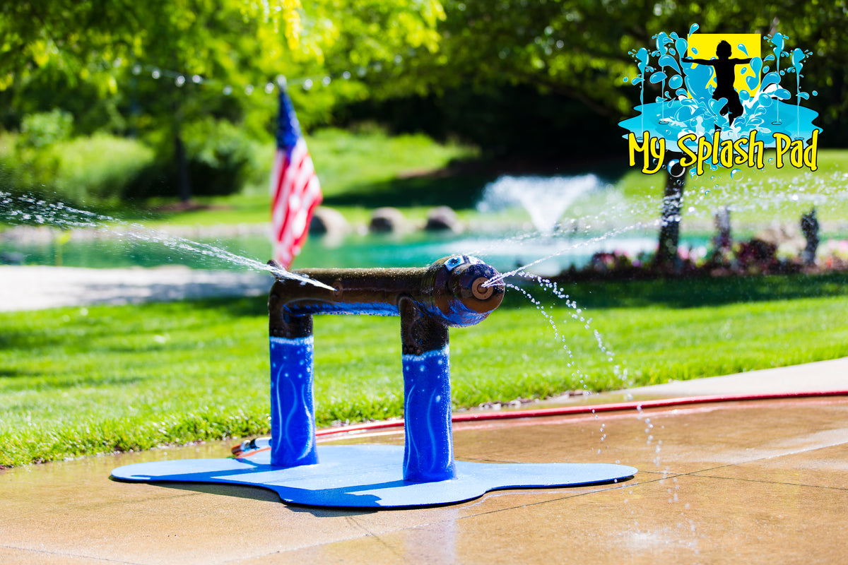 Standing Dog Water Play Features by My portable splash pad. Trees and grass in the background. Sunny day in Ohio.