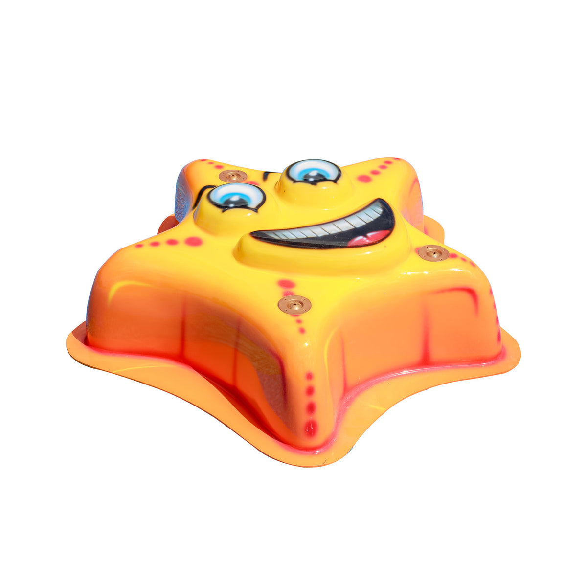 Starfish Mobile Spray and Play Features – bright yellow splash pad starfish with red accents and a smiling cartoon face.
