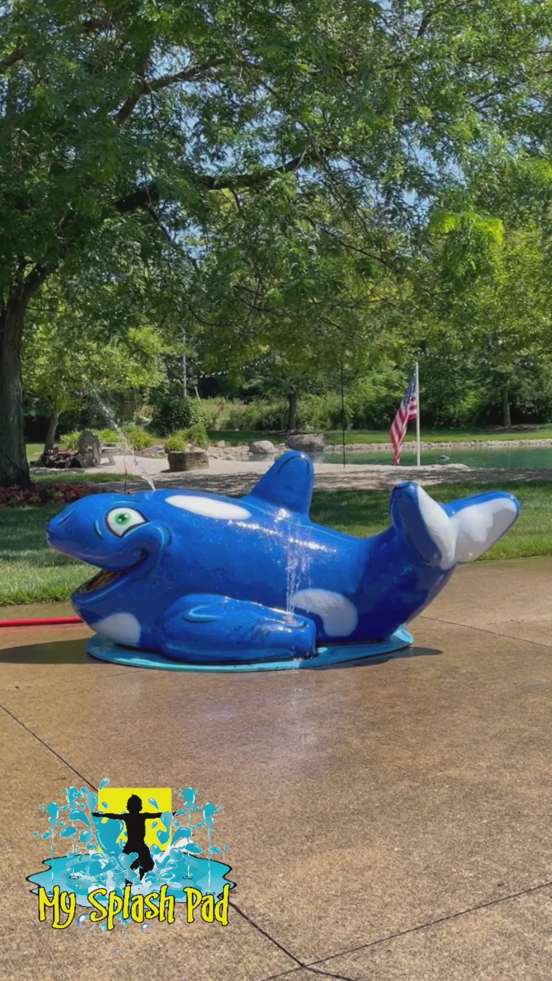 Dual Orca Mobile Spray and Play Features by My Splash Pad – black-and-white and blue orca-shaped splash pad play structures designed for children’s water fun.