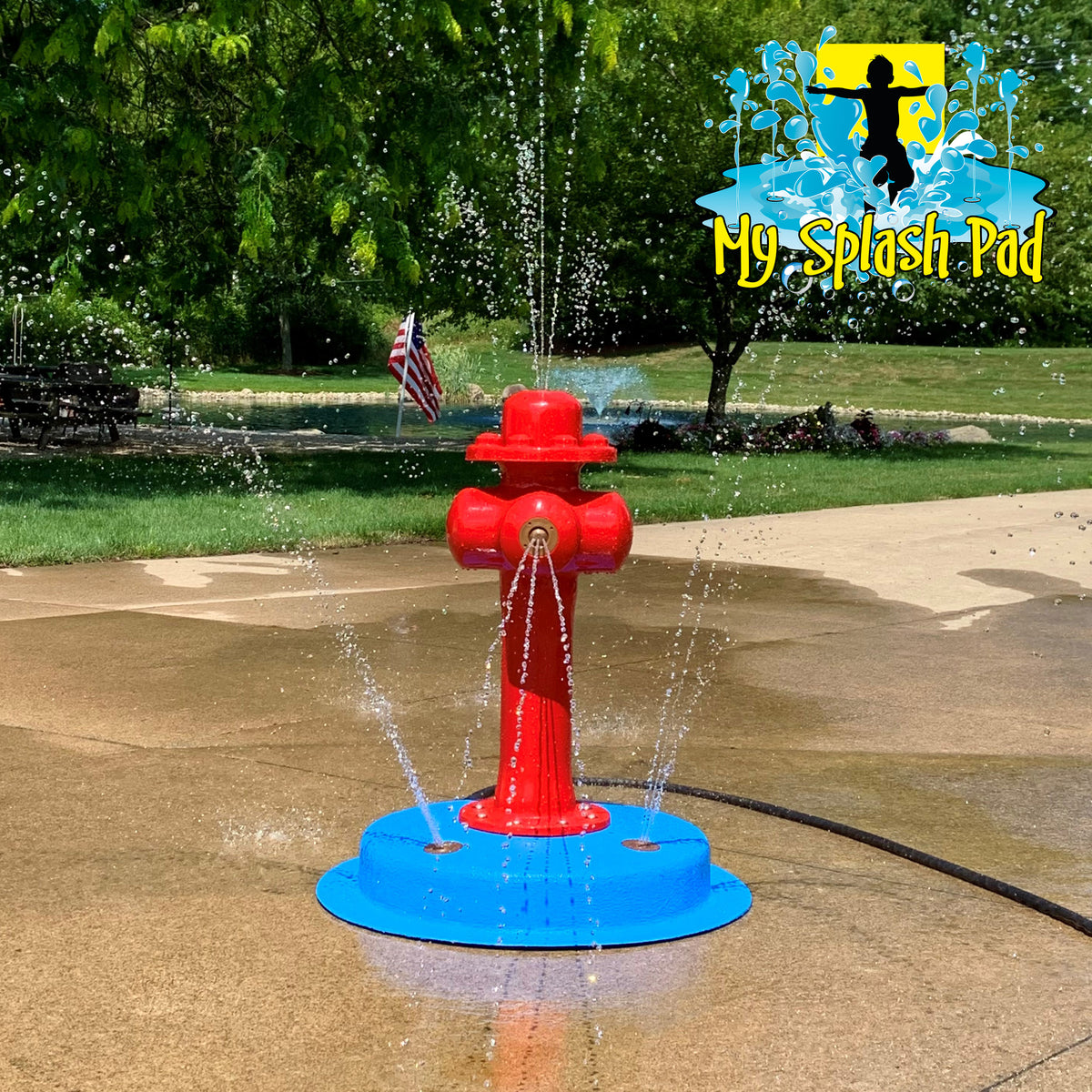 My Splash Pad Mini Splasher with Red fire hydrant portable splash pad feature.