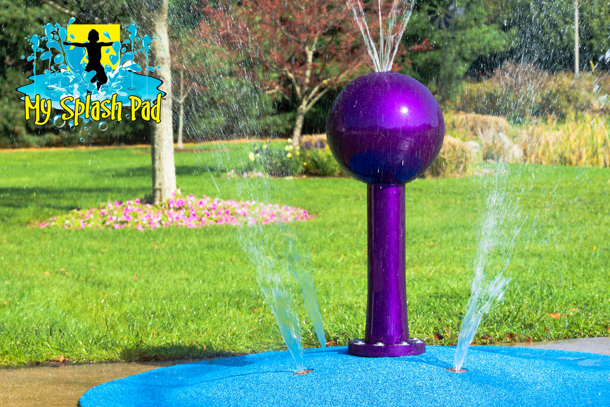 Purple Lollipop Portable Splash Pad Water Play Feature spraying water from top globe and surrounding base.