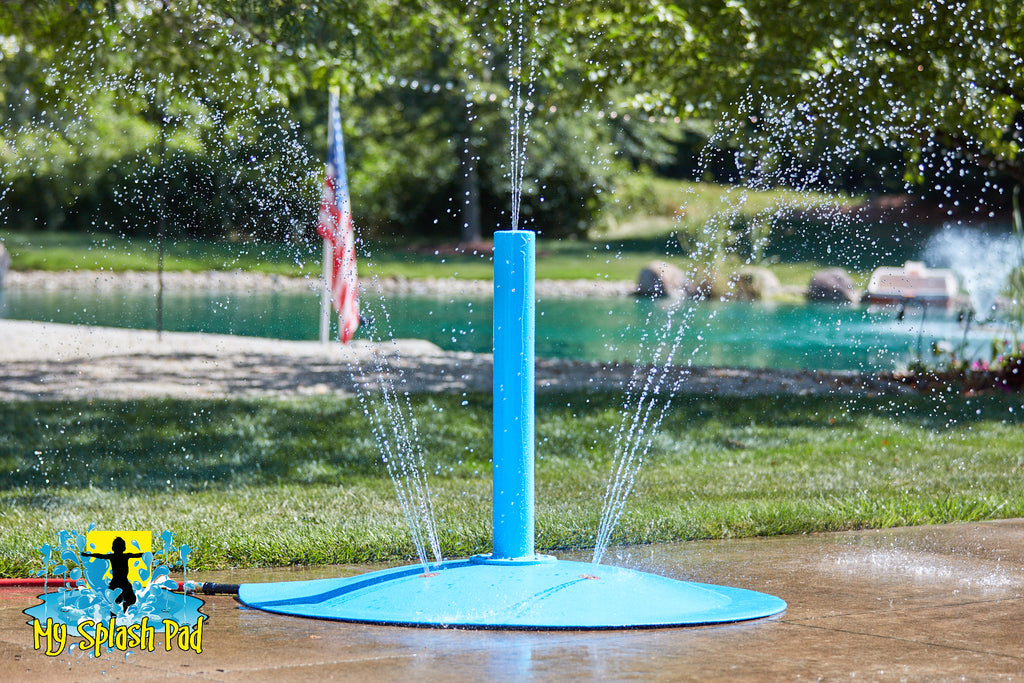Small Rain Stick Portable Splash Pad Water Play Feature – tall blue cylindrical water spray post for backyard splash pads.