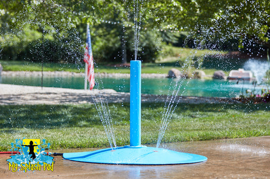 Small Rain Stick Portable Splash Pad Water Play Feature – tall blue cylindrical water spray post for backyard splash pads.